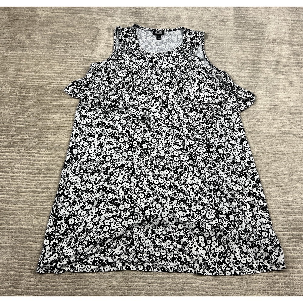 A.N.A. A New Approach Dress Womens Large White Black Floral Sleeveless Rayon